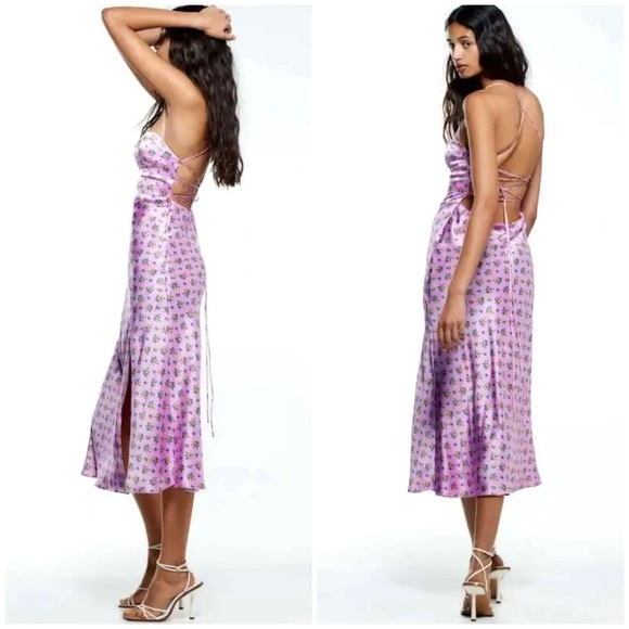 ZARA Floral Print Lace up Black Silky Satin Fitted Midi Dress in Pink Size S New - Picture 3 of 13